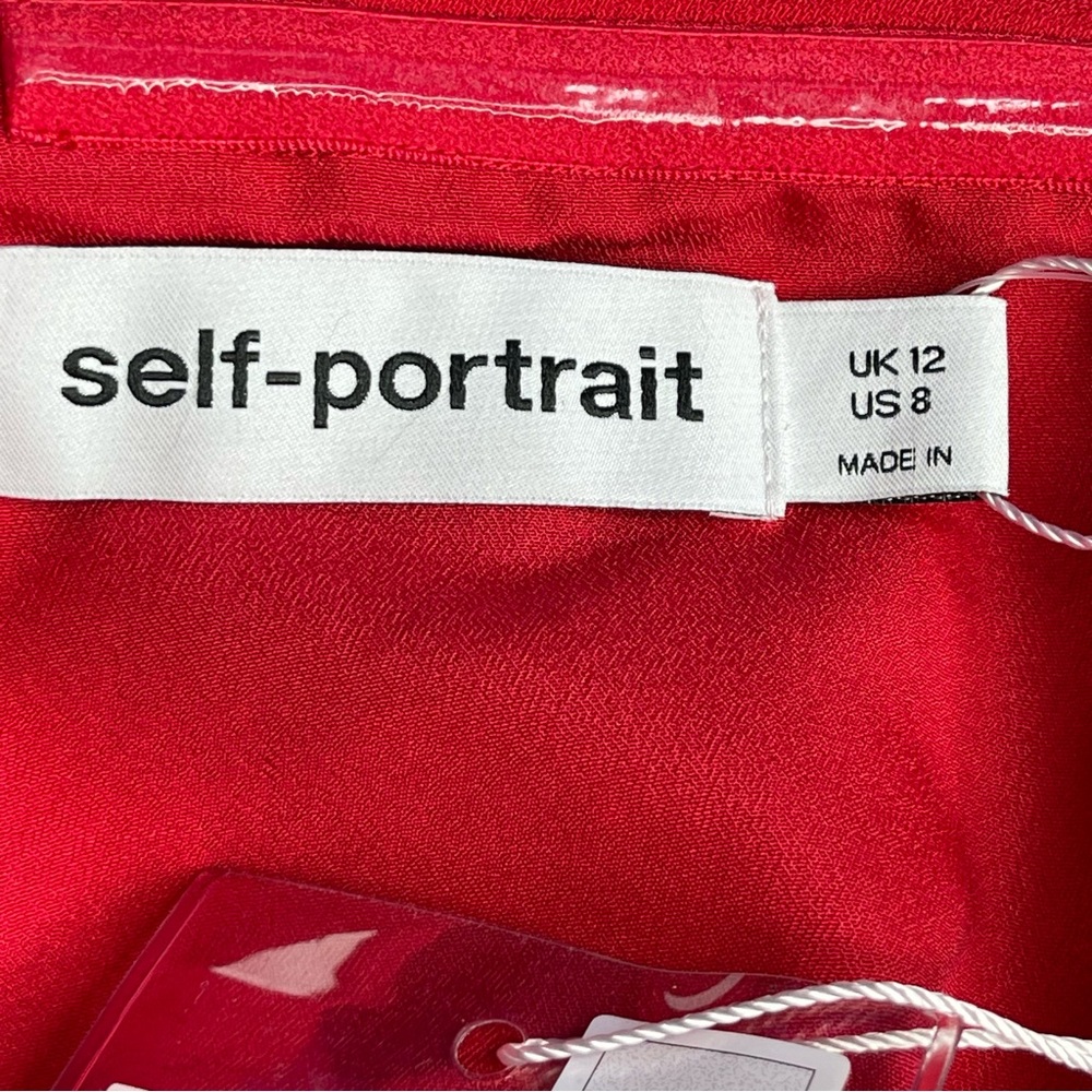 Self-Portrait Red Crepe Bow Midi Dress Size 8 NWT Off-Shoulder Side Slit - Picture 4 of 14